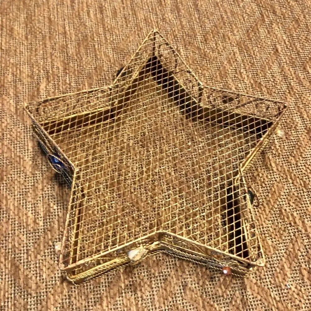 Pier 1 Gold Wired Blue White Amber Beads STAR Tray Basket Storage Decor 11